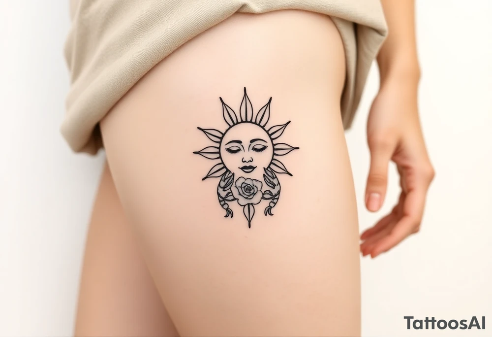 Traditional sun with simple face, Sun, rose and crab old school style tattoo idea