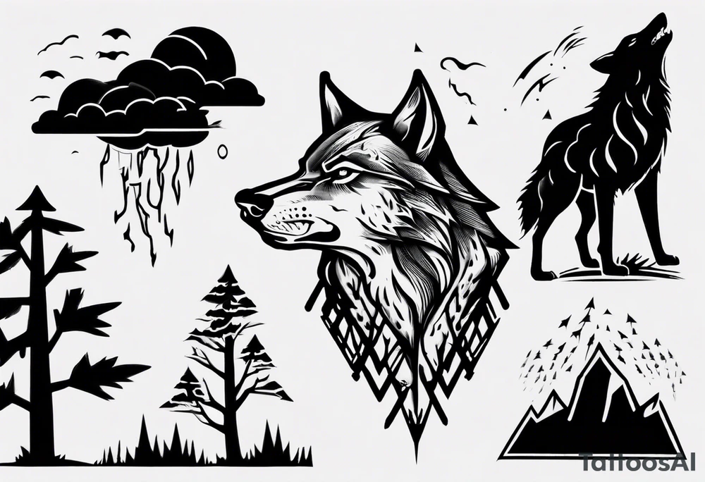 a thunderstorm over a forest and a wolf howling tattoo idea a thunderstorm over a forest and a wolf howling tattoo idea
