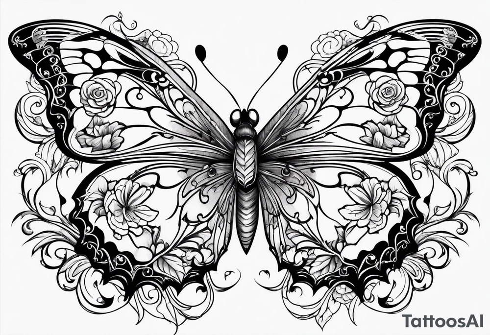 floral design with butterflies & filigree tattoo idea