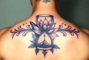 Broken hour glass with a lotus flower and woman with hijab in background tattoo idea