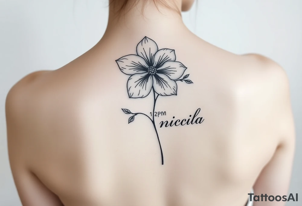 Fine line tattoo with March birth flower, a click with the time 2pm and name nicola tattoo idea