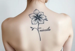 Fine line tattoo with March birth flower, a click with the time 2pm and name nicola tattoo idea