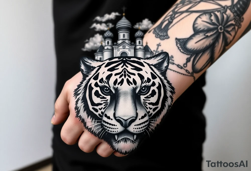 Realistic tiger face on the back of the hand with its eyes ALL black and no pupils, sitting beneath a Russian Orthodox cathedral sitting above on the top fore arm with onion domes and orthodox crosses. with clouds above and a virgin mary tattoo idea