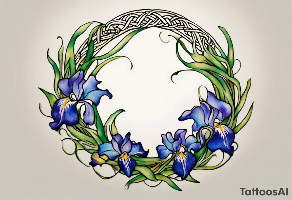 Create a small, colorful Vincent van Gogh Irises tattoo in the form of a crescent, with vines in Celtic knot style gracefully intertwining at a central point in the middle of the wreath. The intended placement is on the upper chest. The middle needs mountains. The overall design should be small in size while maintaining a delicate and artistic aesthetic. Pay attention to the graceful flow of the vines and the placement of the irises to achieve a refined and elegant look. tattoo idea