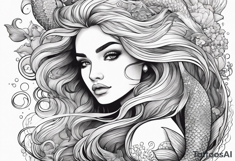 Beautiful mermaid under the sea with cascading hair and flowing tail. surrounded by sea creatures tattoo idea