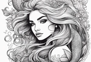 Beautiful mermaid under the sea with cascading hair and flowing tail. surrounded by sea creatures tattoo idea