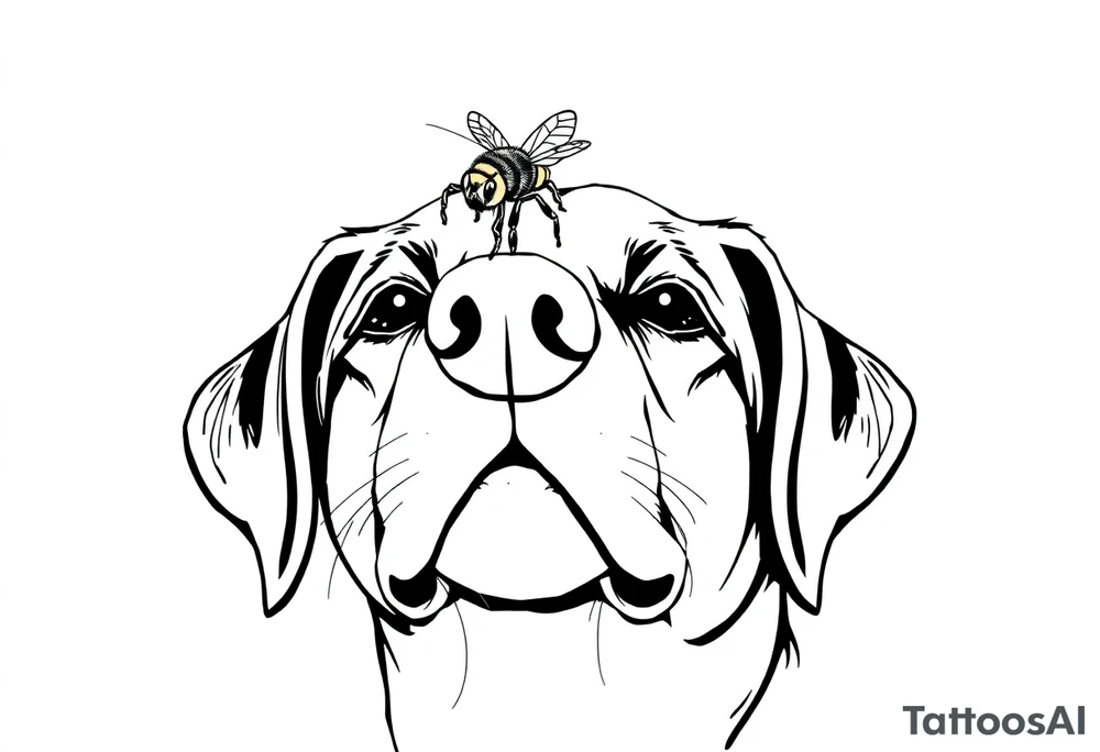 dog with a bee sitting on his nose. fine line very simple. more simple tattoo idea