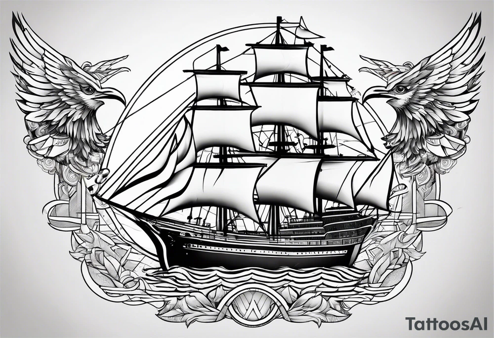 Ship with a Phoenix and the background. Geometric design layered through the design tattoo idea