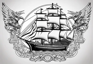 Ship with a Phoenix and the background. Geometric design layered through the design tattoo idea