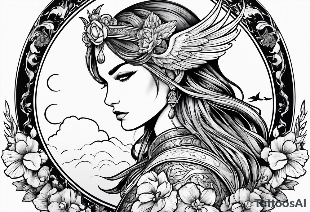 Valkyrie with flowers and moon tattoo idea