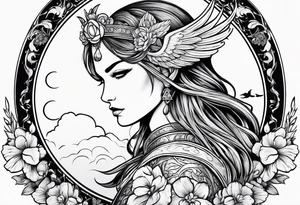 Valkyrie with flowers and moon tattoo idea