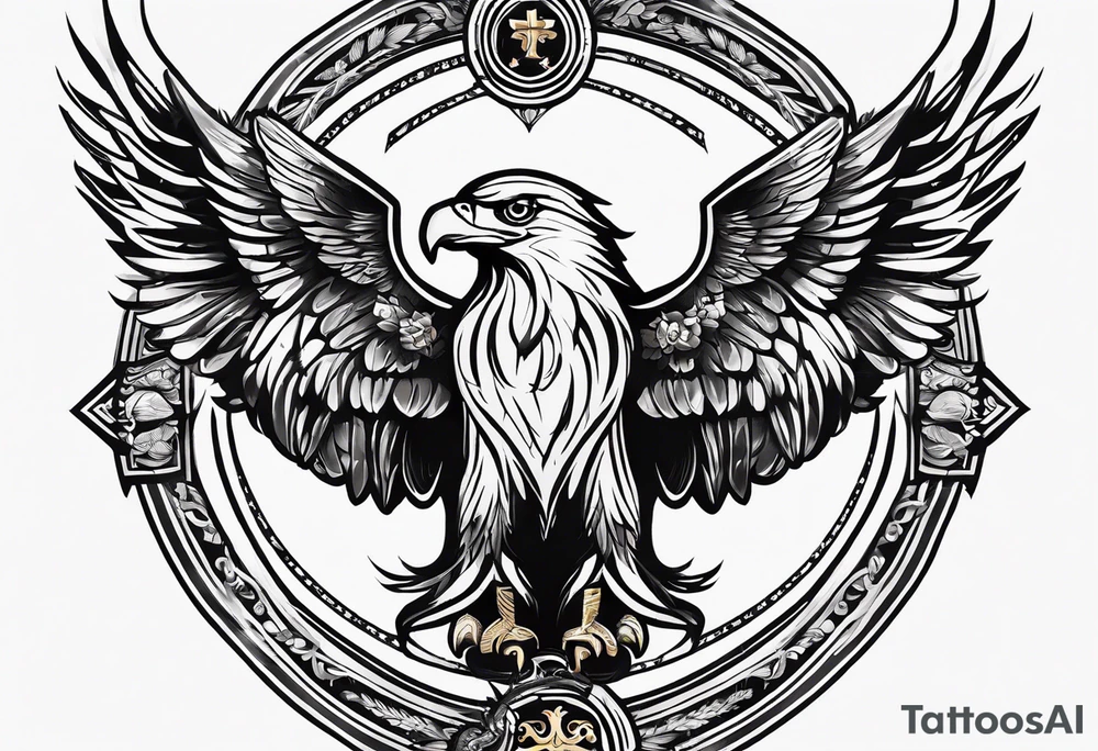 A tattoo that states catholic religion, pain and discipline to achieve your goals in life. it should be placed on the upper back. symbol of an eagle, fish, pigeon tattoo idea