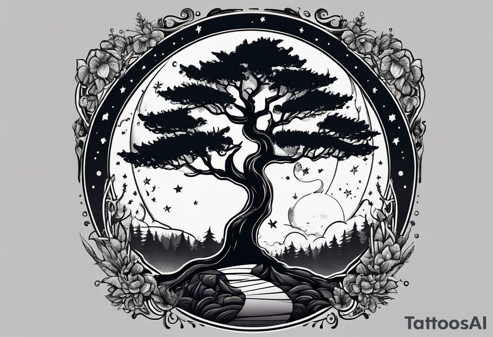 Guitar design moon tree campfire tattoo idea