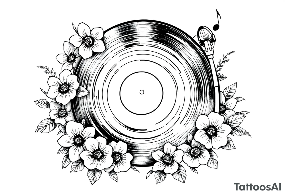 vinyl record player surrounded by flowers, mushrooms, and music notes tattoo idea