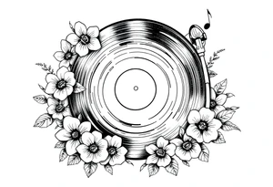 vinyl record player surrounded by flowers, mushrooms, and music notes tattoo idea
