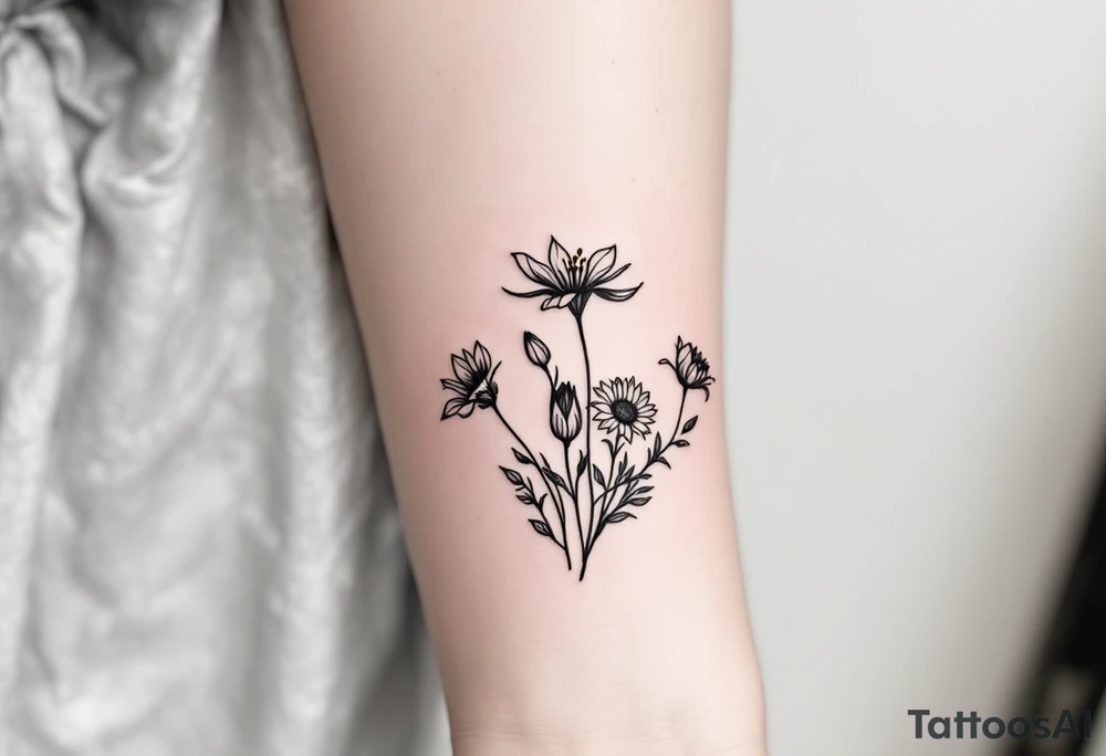 Stargazer lillies with small sunflowers and tulip buds in a dainty wildflower bouquet with stems tattoo idea
