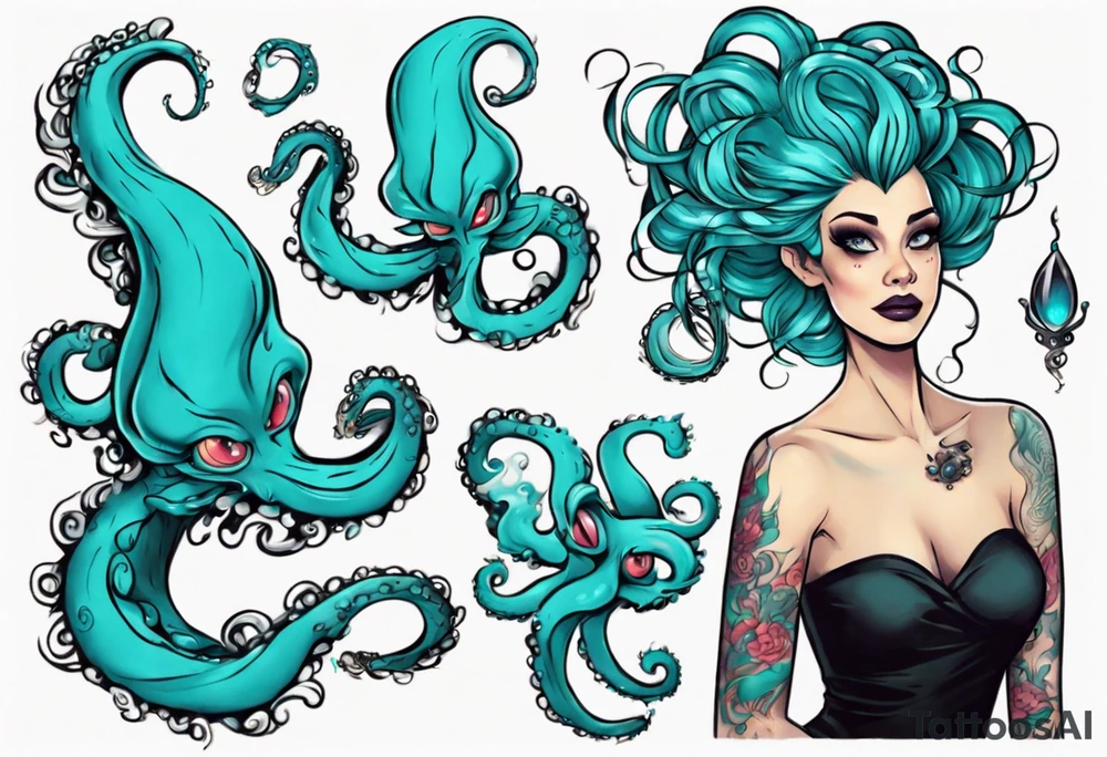 Ursula but young and beautiful, with turquoise tentacles tattoo idea