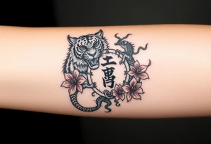Fierce tiger and dragon surrounding Japanese symbol for “love” while being surrounded with red spider lily’s and smoke tattoo idea