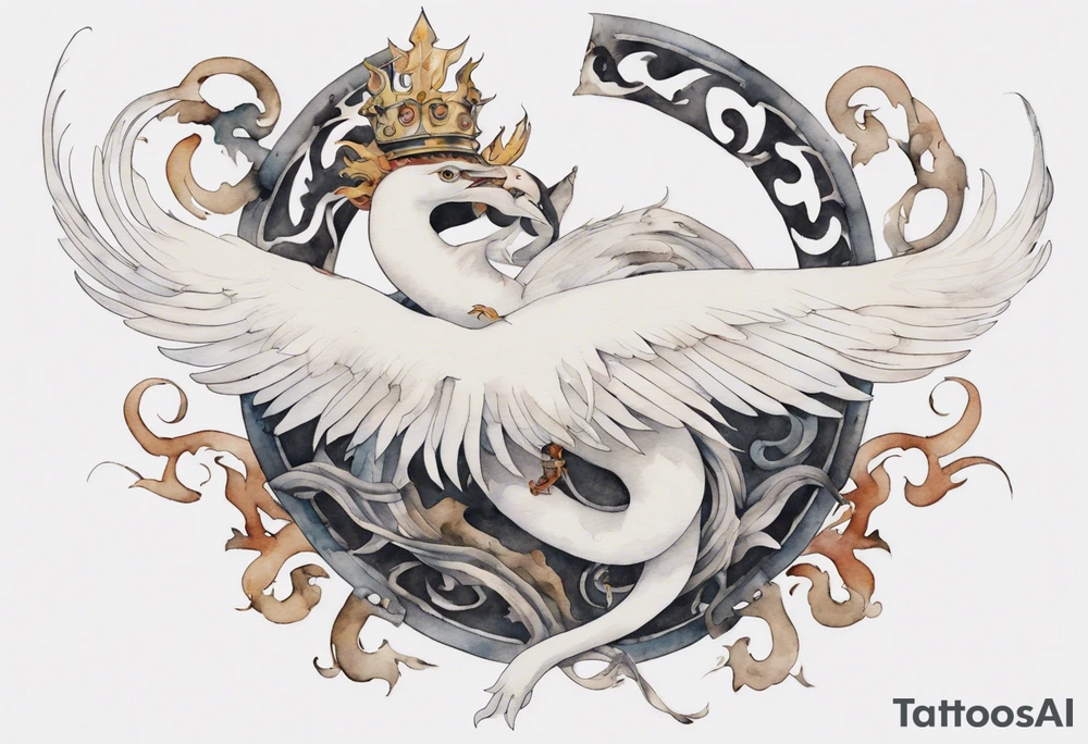 a watercolor of a white bird-serpent hybrid wearing an iron crown, flying tattoo idea