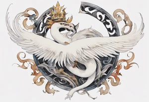 a watercolor of a white bird-serpent hybrid wearing an iron crown, flying tattoo idea