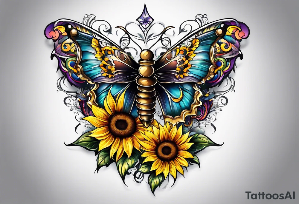 Winged cross with sunflower and butterflies tattoo idea