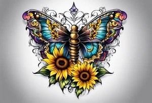 Winged cross with sunflower and butterflies tattoo idea