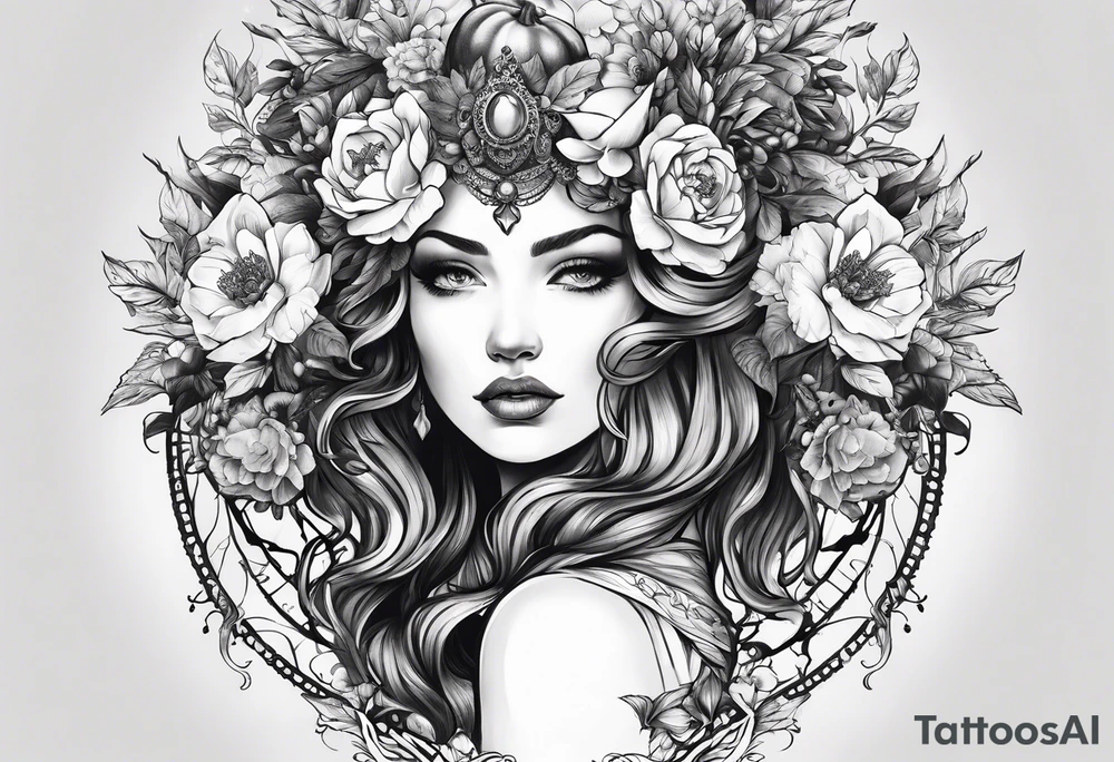 persephone goddess theme tattoo with a dark or gothic perspective. Include pomegranate, flowers and her being the queen of the underwood tattoo idea