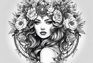persephone goddess theme tattoo with a dark or gothic perspective. Include pomegranate, flowers and her being the queen of the underwood tattoo idea