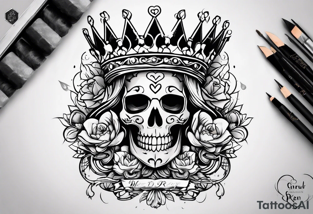 Corona de rey puesta en un corazón
Esqueletos pairaras y hadas tatuajes brazo completo tattoo idea