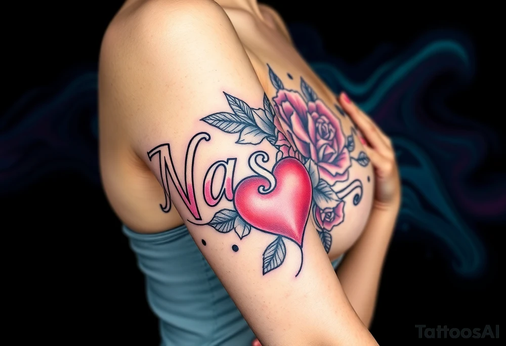 the word Nashika with roses and heart tattoo idea