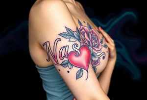 the word Nashika with roses and heart tattoo idea