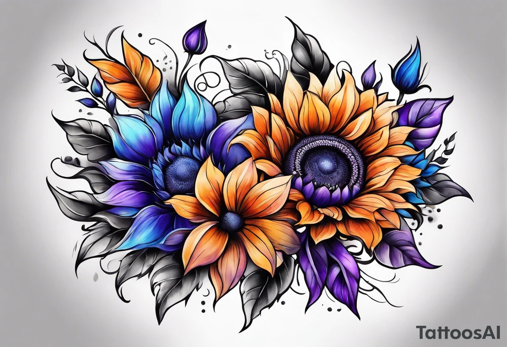 Full arm sleeve with purple, orange and blue sunflowers tattoo idea