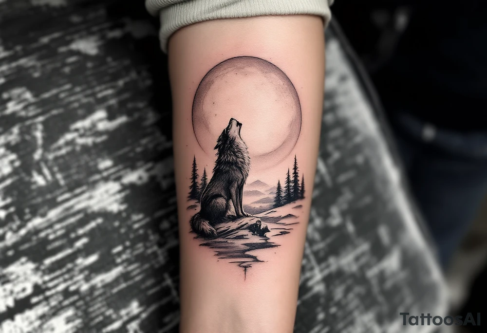 lone wolf howling at full moon with northern lights backdrop tattoo idea