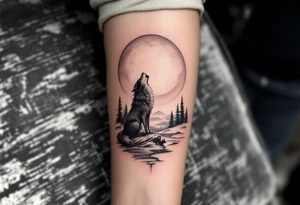 lone wolf howling at full moon with northern lights backdrop tattoo idea