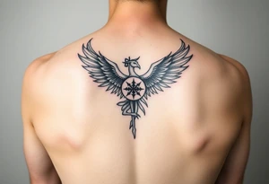 Feminine fine line, incorporating a phoenix, a ballet dancer and a Japanese symbol tattoo idea