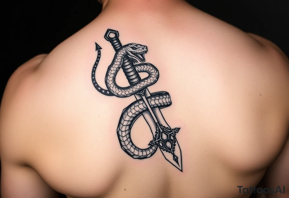 mystical snake coiled around an ancient dagger with jeweled hilt tattoo idea
