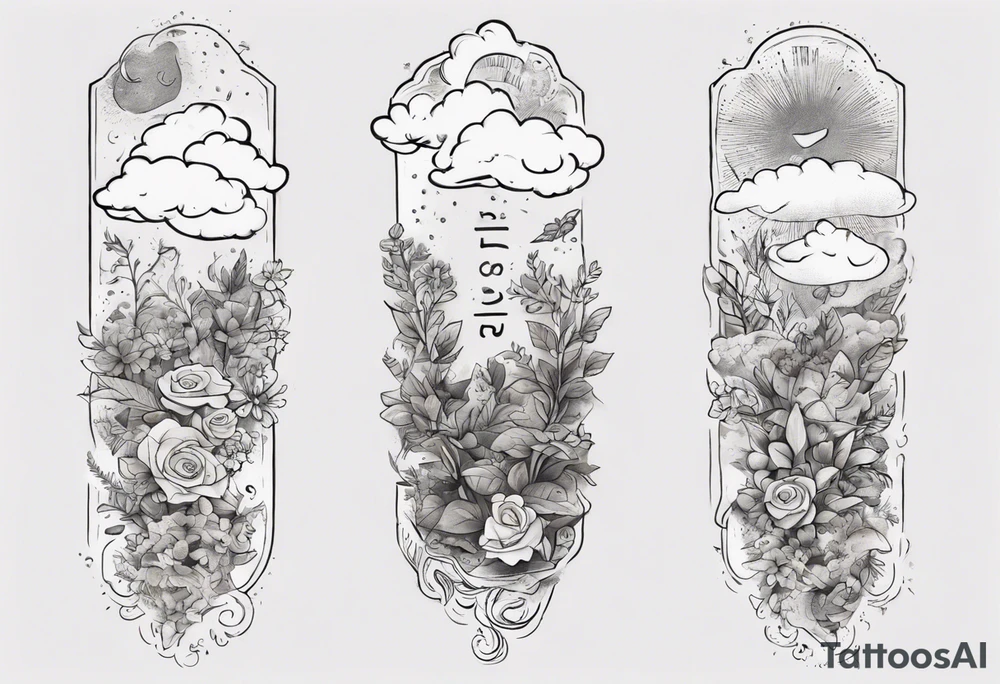 a forearm tattoo with a cloud with little plants and underneath it the date 12.08.05 tattoo idea