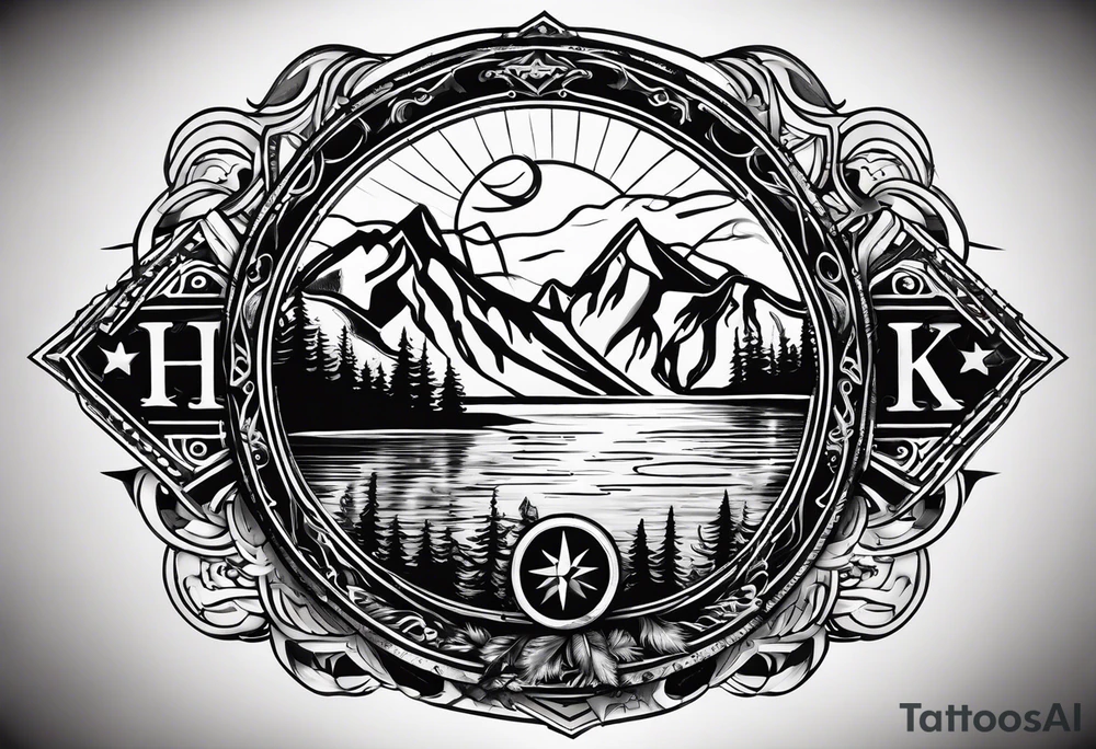 The word "HARK" as a banner with a mountain, a carabiner, compass, and a lake in a circular design tattoo idea