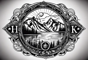 The word "HARK" as a banner with a mountain, a carabiner, compass, and a lake in a circular design tattoo idea