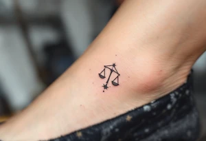 A tiny star constellation in white from inside a black-ink outline of Libra symbol on the ankle. tattoo idea