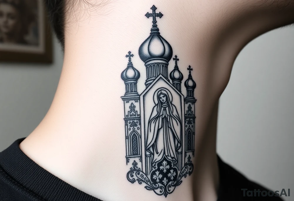 medium traditional russian orthodox church with a russian coat arms and virgin mary tattoo idea