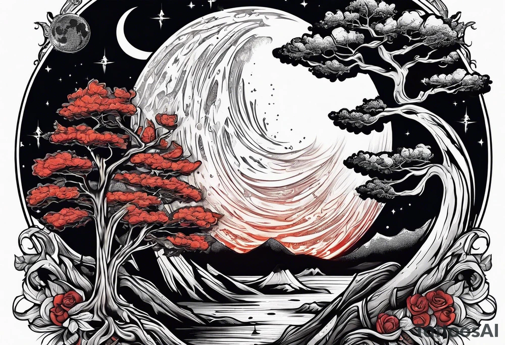 design moon tree campfire guitar playing tattoo idea