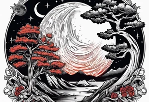 design moon tree campfire guitar playing tattoo idea