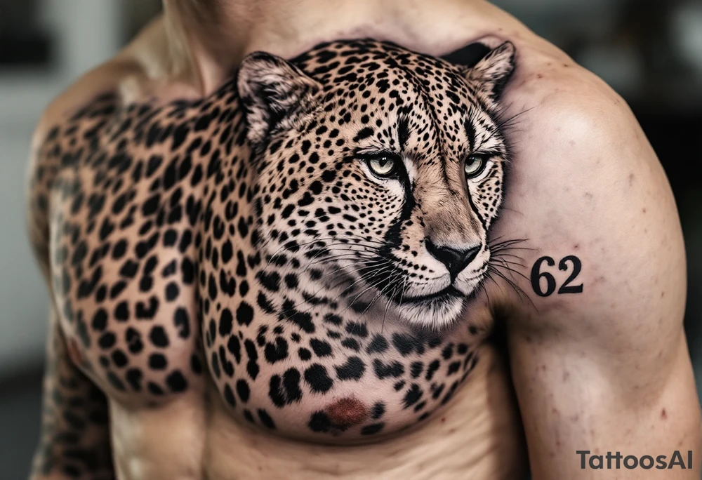 realistic cheetah covering the entire side chest with the number 62 tattoo idea