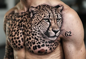 realistic cheetah covering the entire side chest with the number 62 tattoo idea