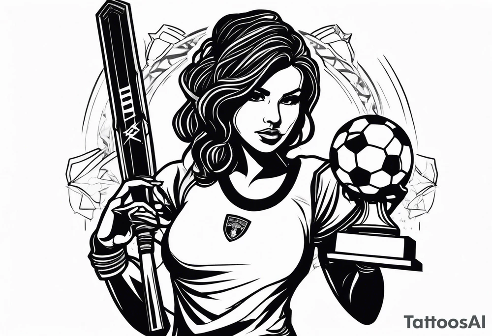 Woman warrior holding a soccer trophy in her hand and sensually wearing a soccer jersey. Holding a weapon in her other hand. tattoo idea