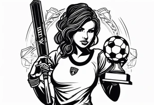 Woman warrior holding a soccer trophy in her hand and sensually wearing a soccer jersey. Holding a weapon in her other hand. tattoo idea