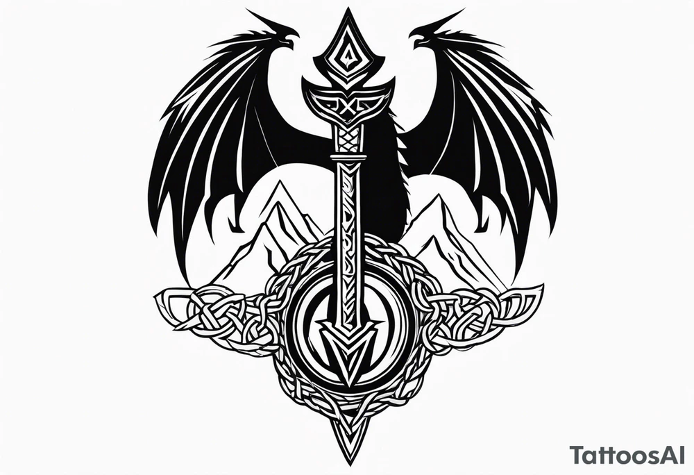 Valhalla sword shield dragon axe Valknut barbed wire chains tribal tattoo idea Valhalla sword shield dragon axe Valknut barbed wire chains tribal tattoo idea