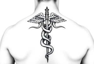 Caduceus with snakes intertwined going up spine tattoo idea