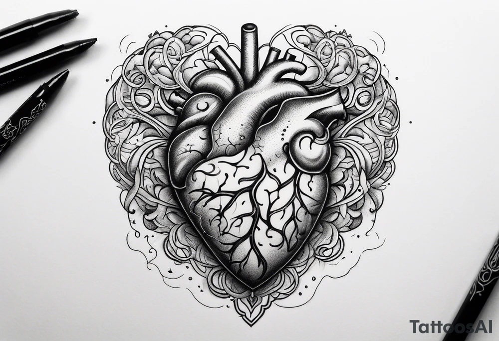 Heart bottom left a backslash line containing the word balance mid way brain top right tattoo idea